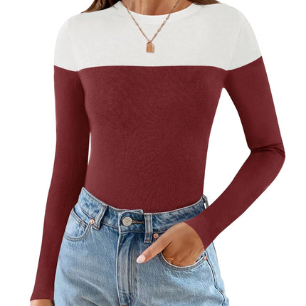 ZESICA Womens Long Sleeve Crewneck Shirts Spring Knit Color Block Sweaters Slim Fitted Casual Basic Tee TopsWine RedSmall - Lamarshop1
