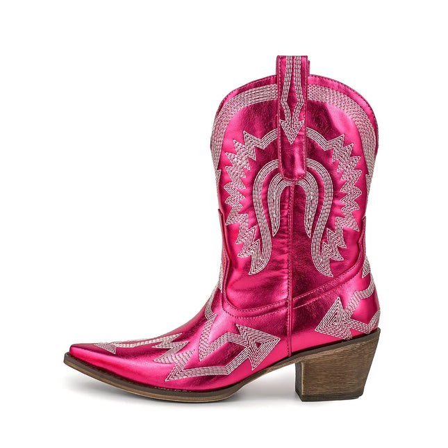Emfnzd Womens Embroidered Cowgirl Boots Calf Thick Heels Pointed Head Country Music Festival Vintage Western Metal Cowboy Ankle Boot Pink6 - Lamarshop1