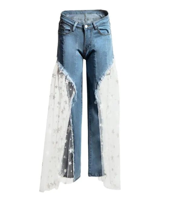Star Mesh Patchwork Wide Leg Jeans with Frayed Detail