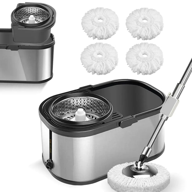 SWIFTIRON Spin Mop and Bucket Set for Cleaning with 4 Extra Refills Microfiber Heads Mops for Floor Cleaning with Wringer Silver Stainless Steel Mop and Mop Bucket - Lamarshop1