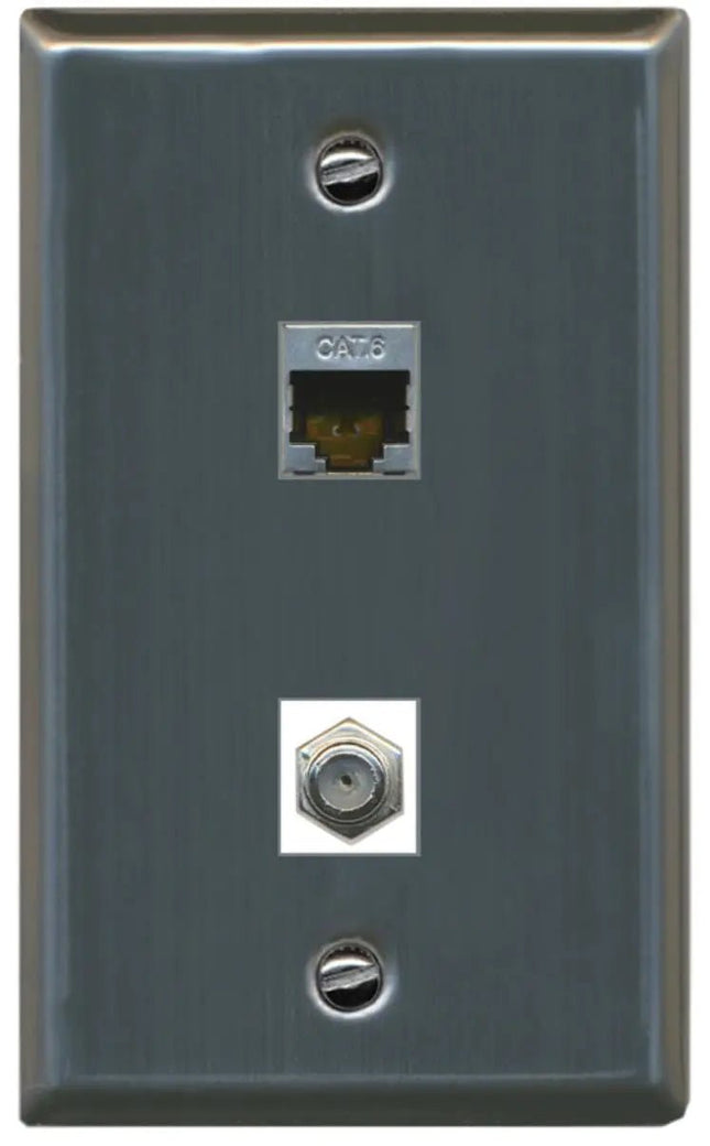 RiteAV 1 Port Cat6 Shielded 1 Coax Wall Plate Flat Stainless Steel