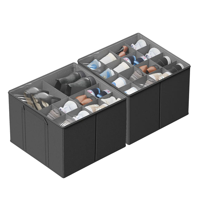 SUOCO 2 Pack Shoe Organizer for Closet Fits up to 32 Pairs Small Space Shoe Storage Boxes Bins Containers w/Adjustable Dividers and Clear Top Grey