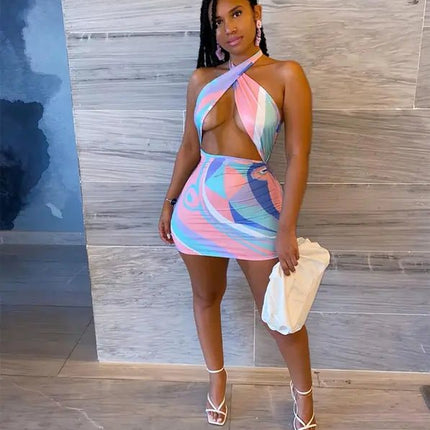 Sexy Rainbow Tie Dye Halter Bodycon Mini Dress for Women