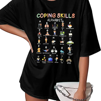 Teacher Shirts : Women Coping Skills Alphabet Shirt Mental Health Awareness Shirts Social Worker Appreciation Gifts Black-b