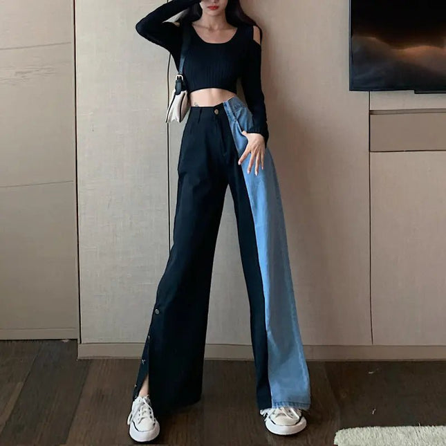 Color Block High-Waisted Split Wide-Leg Jeans for Women
