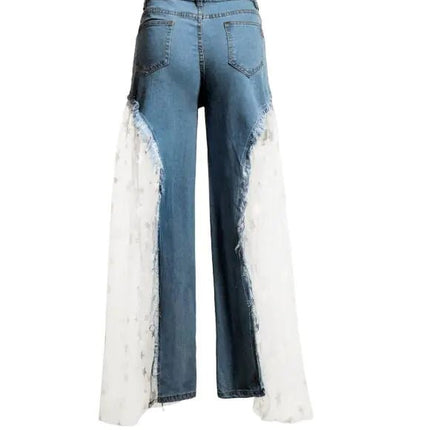 Star Mesh Patchwork Wide Leg Jeans with Frayed Detail