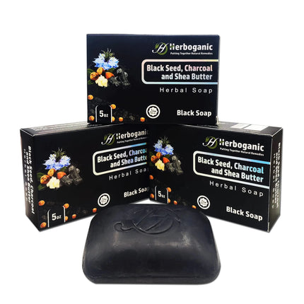 HERBOGANIC Black Seed Charcoal and Shea Butter Herbal Soap | Pack of 3 of 5oz soap Bar | Natural Bar Soap for Face and Body | Hydrating and Nourishing | Suitable for Men and Women - Lamarshop1