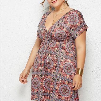 Printed Deep V-Neck Dress with Elastic Waist
