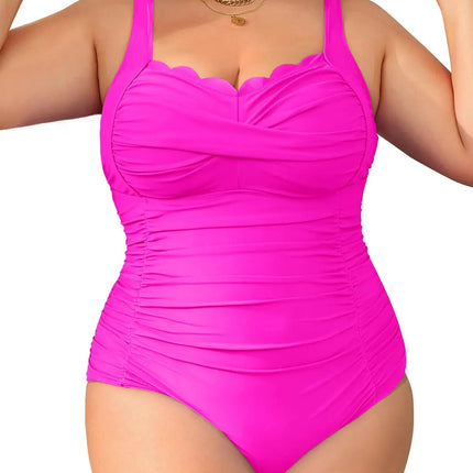 Aqua Eve Women Plus Size Swimsuits One Piece Tummy Control Bathing Suits Retro Scalloped Twist Front Swimwear Hot Pink 16W - Lamarshop1