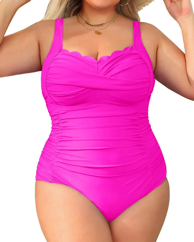 Aqua Eve Women Plus Size Swimsuits One Piece Tummy Control Bathing Suits Retro Scalloped Twist Front Swimwear Hot Pink 16W - Lamarshop1