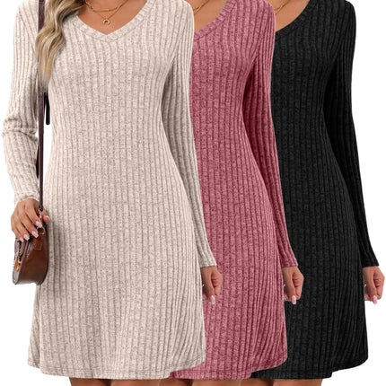 Riyiper 3 Pack Womens Long Sleeve Dresses Knit V Neck Fall Winter Dresses Causal Loose Fit Sweater Tunic Dresses(Beige Wine Red BlackXX - Large) - Lamarshop1