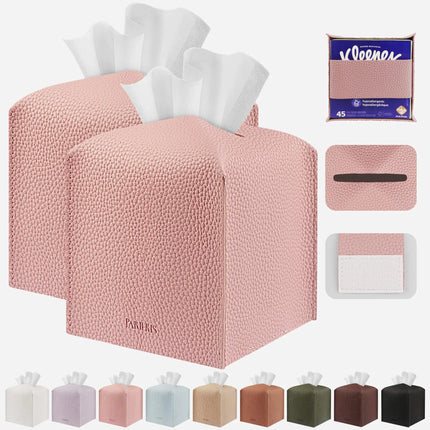 PARIERIS Tissue Box Cover Holder Square Tissue Cube Cover PU Leather Tissue Organizer with Bottom Belt for Bathroom Tabletop Car Night Stands Office Home Kitchen (2 Pink) - Lamarshop1