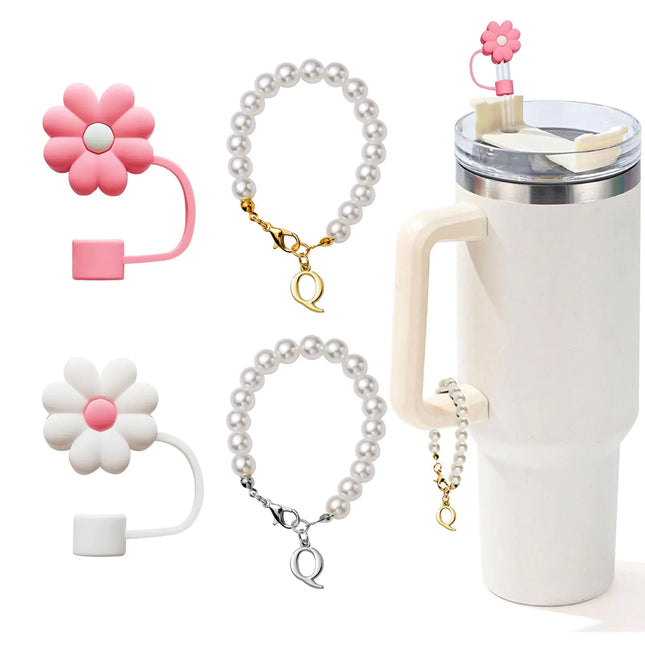 LUHOHI 4pcs Charms for Stanley Cup，Pearl Chain Accessories Stanley Cup Initial Letter Charms for Handle with 2pcs straw covers Stuff Decor Water Bottle Jewelry Tumbler Personalized Decorations ID Q - Lamarshop1