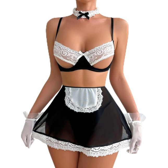 Sexy French Maid Lingerie for Women Adult Cosplay Uniform Costume Teddy Apron Lolita Skirt Lingerie Set Cute Anime Lingerie Sets Sexy Bra and Panty Set Costume Cosplay Bikinis for Women Black - Lamarshop1