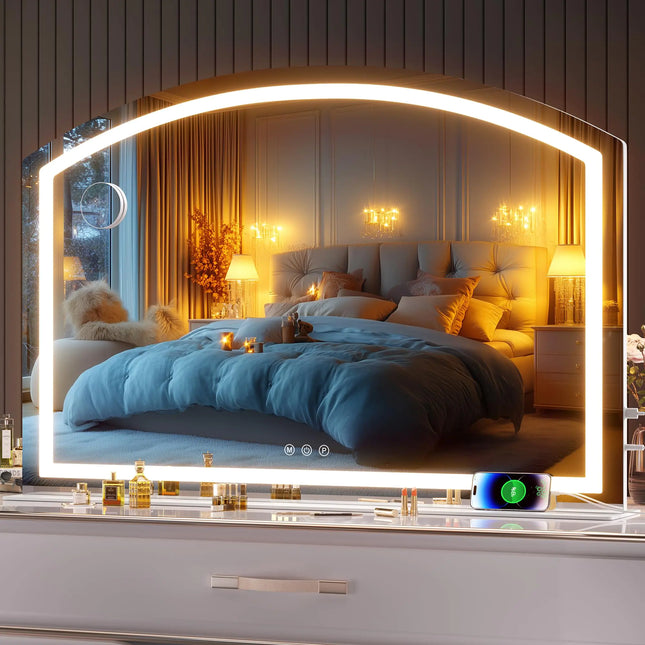 Hasipu Arch Vanity Mirror with Light 48" x 32" Arched Led Makeup Mirror with 10X Magnification Lighted Makeup Mirror Desktop with USB Charging Port Dimmable 3 Colors Mode
