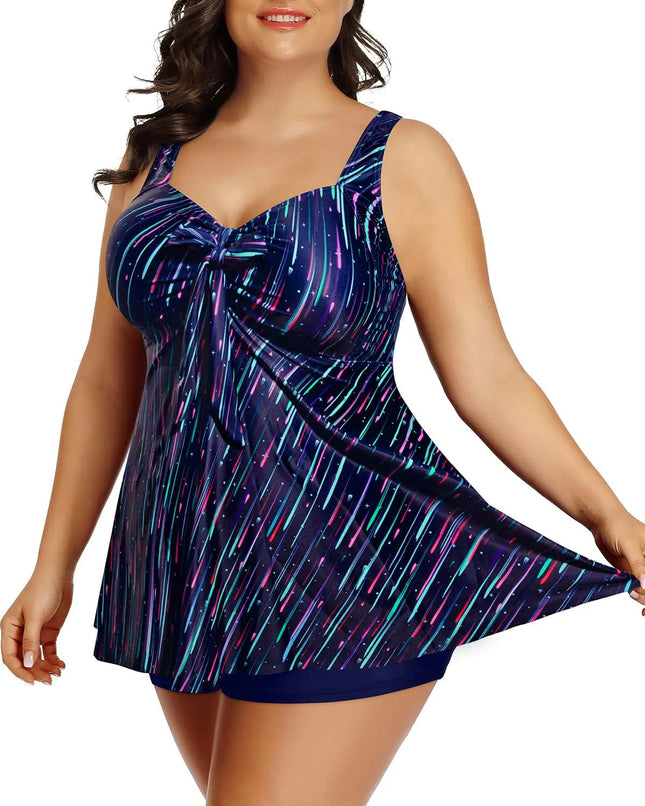 Holipick Blue Striped Two Piece Plus Size Tankini Swimsuits for Women Tummy Control Swim Top with Shorts Long Flowy Bathing Suits 20W - Lamarshop1