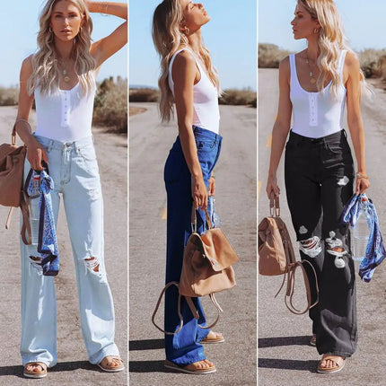 High Waist Water Washed Wide-Leg Jeans