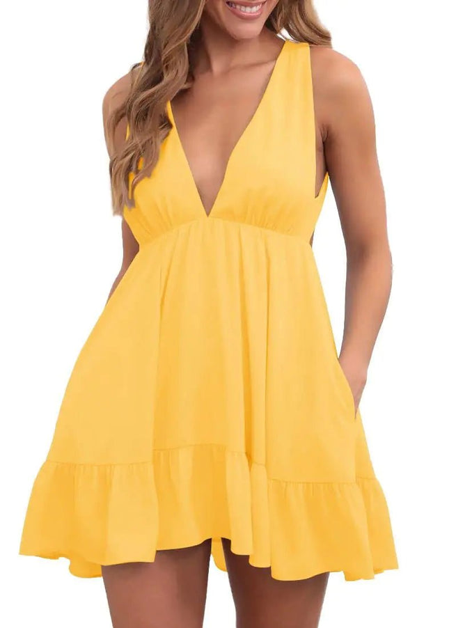 Febriajuce Womens Summer Mini Dress Loose Ruffle Deep V - Neck Backless Strap Solid Casual Short Dresses with Pockets Yellow - Lamarshop1