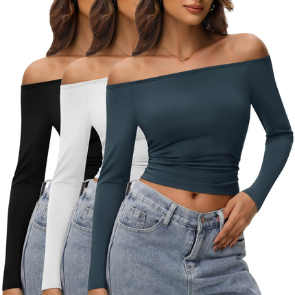 Riyiper 3 Pack Womens Off Shoulder Tops Slim Fit Long Sleeve Stretchy Shirts Y2k Basic Going Out Tops Casual Fall Outfits(Haze Blue White BlackL) - Lamarshop1