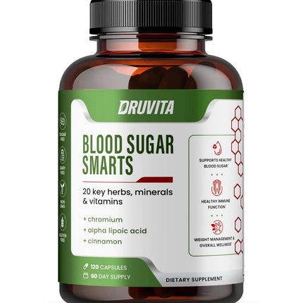 Druvita Blood Sugar Smarts - 20 Key Herbs Minerals & Vitamins - with Chromium Alpha Lipoic Acid Cinnamon & Bitter Melon for Men Women - Non - GMO Natural - 120 Capsules 60 Day Supply - Lamarshop1