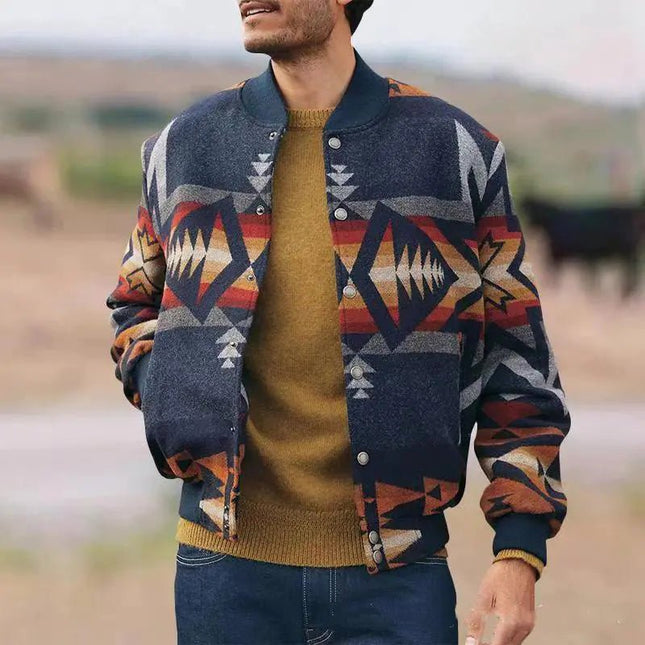 Geometric Pattern Stand Collar Cardigan Jacket - Lamarshop1