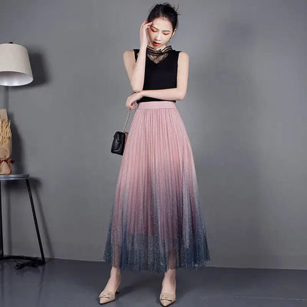 High - Waisted Pleated Skirt with Gradient Mesh Design - Lamarshop1