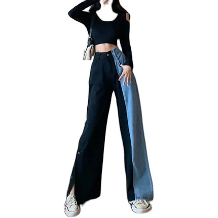 Color Block High-Waisted Split Wide-Leg Jeans for Women