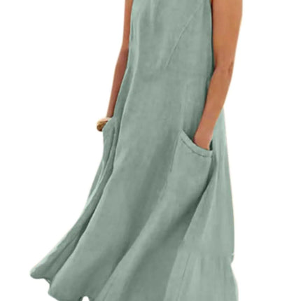 yoeasy Womens Cotton Linen Casual Loose Pockets Long Dress Plain Sleeveless Tank Dress (X - Large Green) - Lamarshop1