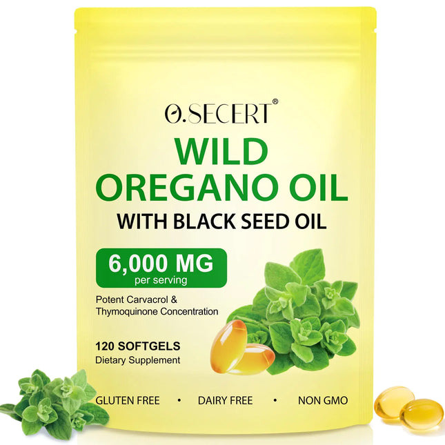 NTSNWFWX Oil of Oregano Softgels 6000mg Per ServingOil of Oregano with Black Seed Oil2 in 1 Formulated with Black Seed Oil 200mgOrganic Oregano OilGluten FreeDairy Free120 Count(1 Pack)