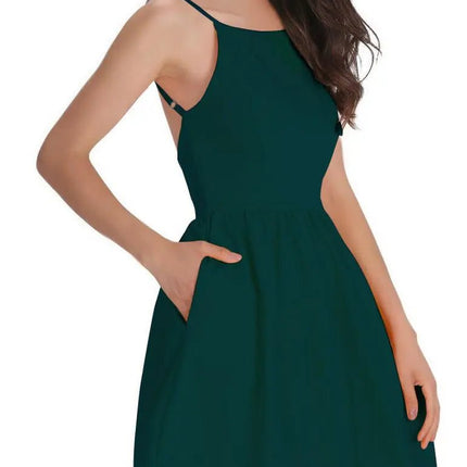 FANCYINN Womens Casual Short Dress Spaghetti Strap Backless Mini Skater Graduation Dress Blackish Green XS