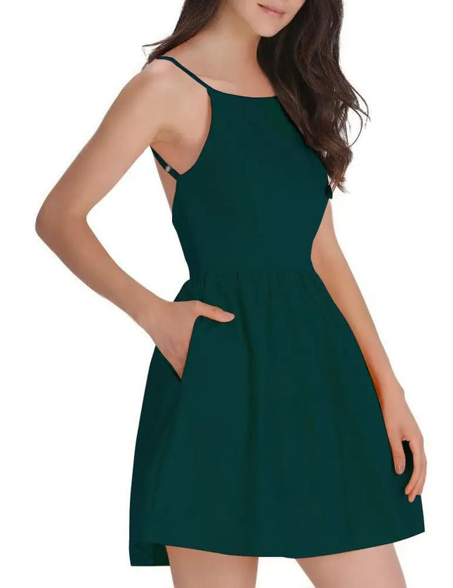 FANCYINN Womens Casual Short Dress Spaghetti Strap Backless Mini Skater Graduation Dress Blackish Green XS