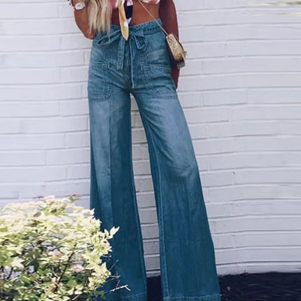 Lace-up Washed Denim Wide Leg Jeans Pants