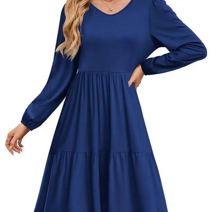 Wkior Womens 2025 Fall Long Sleeve Tunic Dress Casual V Neck High Waist Tiered Flowy Swing A-Line Mini Dresses Blue S