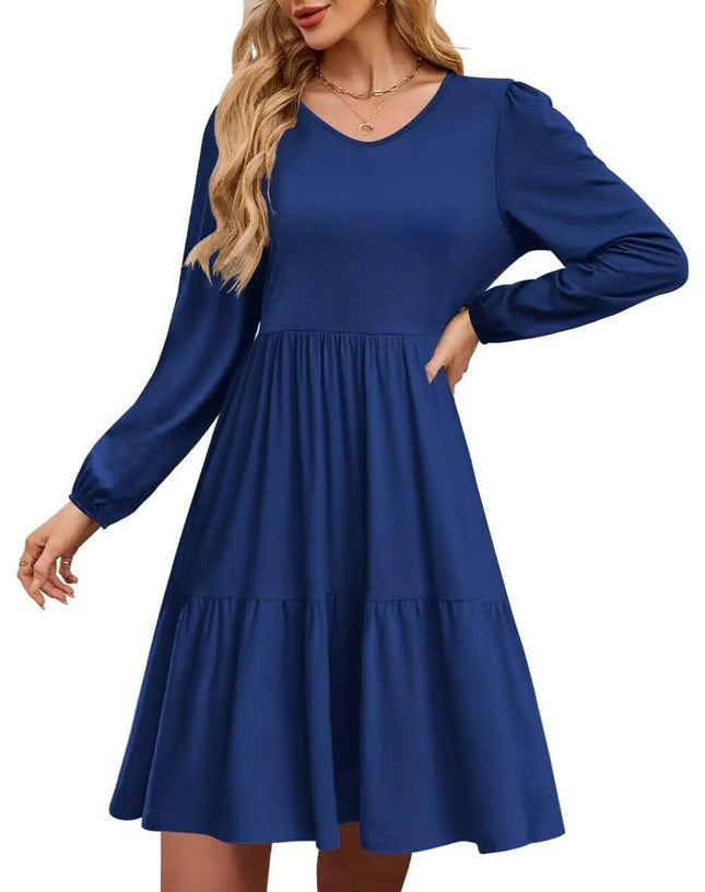 Wkior Womens 2025 Fall Long Sleeve Tunic Dress Casual V Neck High Waist Tiered Flowy Swing A-Line Mini Dresses Blue S