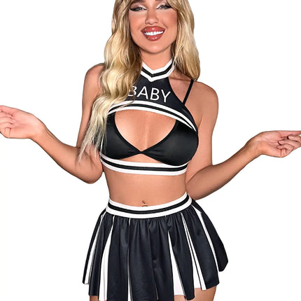 SOLY HUX Womens 4 Piece Letter Print Cheerleader Costume Cosplay Lingerie Set Black and White L - Lamarshop1