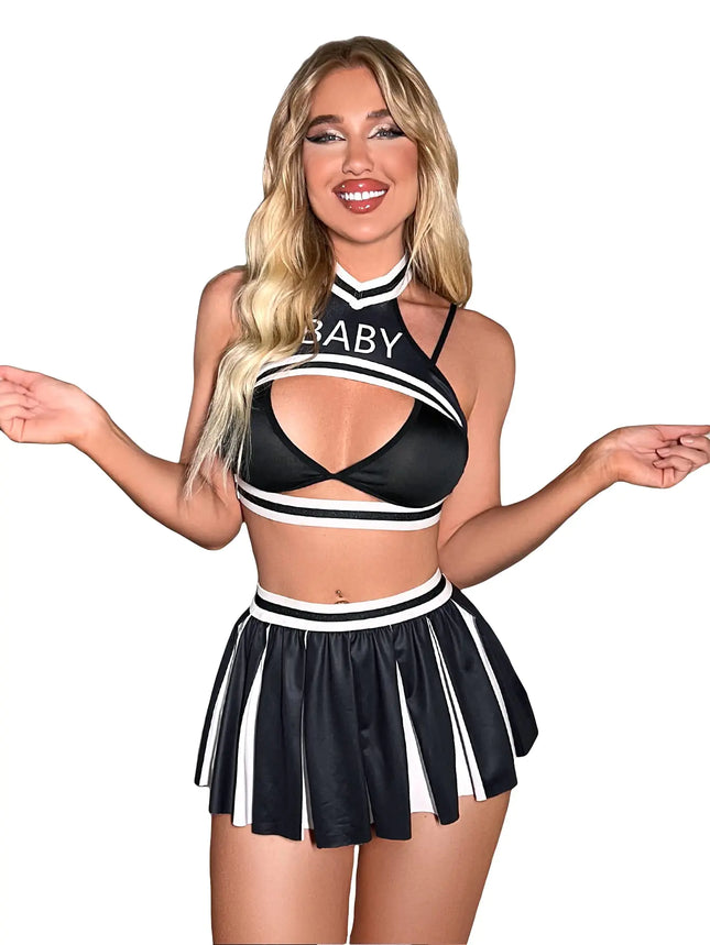 SOLY HUX Womens 4 Piece Letter Print Cheerleader Costume Cosplay Lingerie Set Black and White L - Lamarshop1
