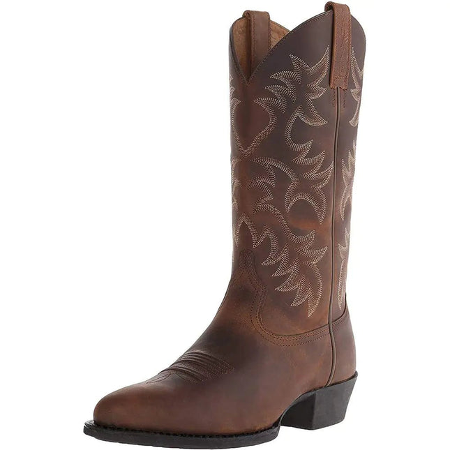 DAYINGJIA Cowboy Boots for Men Pointy Toe Western Boots Mid Calf Boots Mens Knee High Embroidered Chunky Heel Boot Brown - Lamarshop1