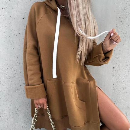 Women's Fleece Hooded Long - Sleeve Sweater with Slits - Lamarshop1