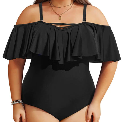 Daci Black Plus Size One Piece Swimsuits for Women Off Shoulder Flounce Bathing Suits Ruffle Tummy Control Swim Suits XL - Lamarshop1