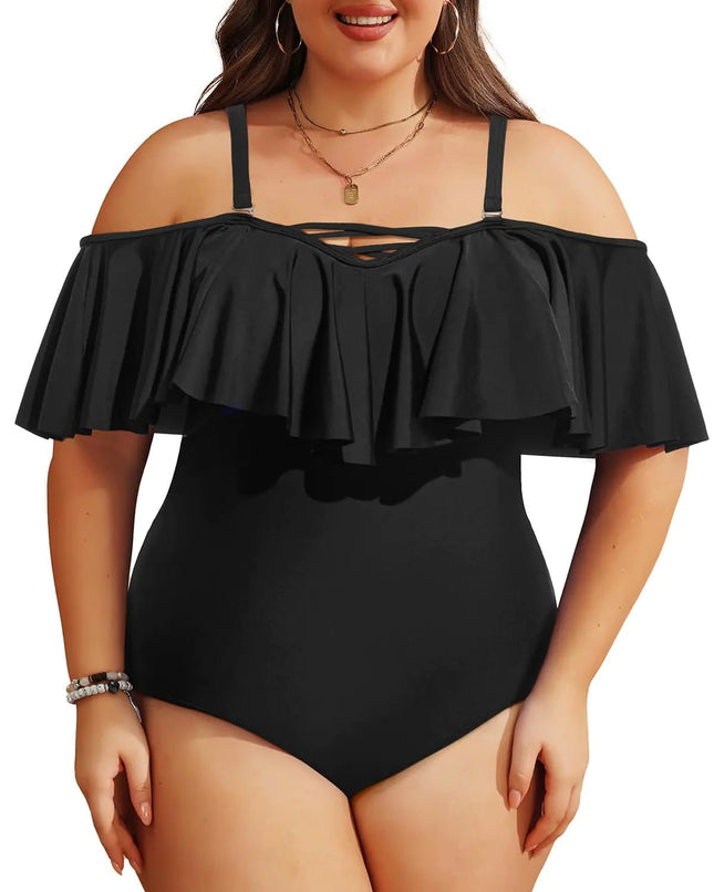 Daci Black Plus Size One Piece Swimsuits for Women Off Shoulder Flounce Bathing Suits Ruffle Tummy Control Swim Suits XL - Lamarshop1