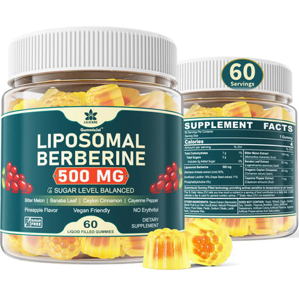 Berberine 500mg Supplement Once Daily Liposomal Berberine Gummies with Ceylon Cinnamon Bitter Melon Banaba Leaf for Metabolism Balanced AMPK Activator High Absorption Sugar Free Vegan 60 Cts - Lamarshop1