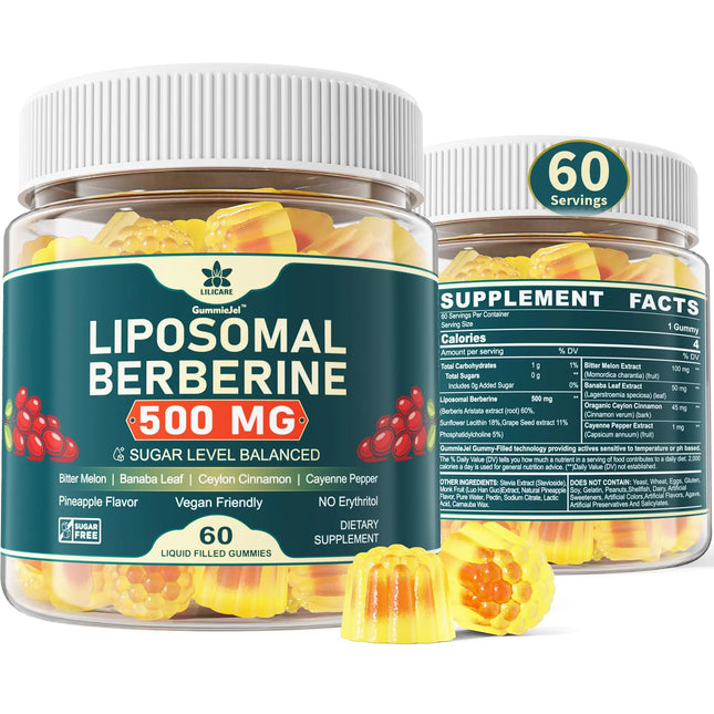 Berberine 500mg Supplement Once Daily Liposomal Berberine Gummies with Ceylon Cinnamon Bitter Melon Banaba Leaf for Metabolism Balanced AMPK Activator High Absorption Sugar Free Vegan 60 Cts - Lamarshop1