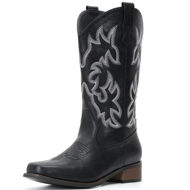 IUV Cowboy Boots For Women Square Toe Cowgirl Boots Mid Calf Western Boots Pull On Fashion Cowboy Boots - Lamarshop1