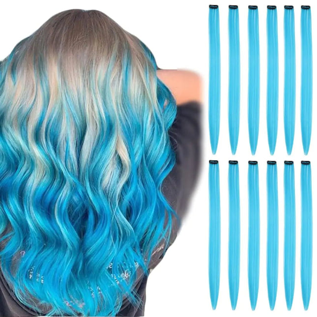 12 Pcs Teal Blue Hair Extensions Clip in for Kids Girls 22 Inch Long Streak Straight Ins Heat Resistant Colored Synthetic Using for Halloween Costume Party Play Highlights - Lamarshop1