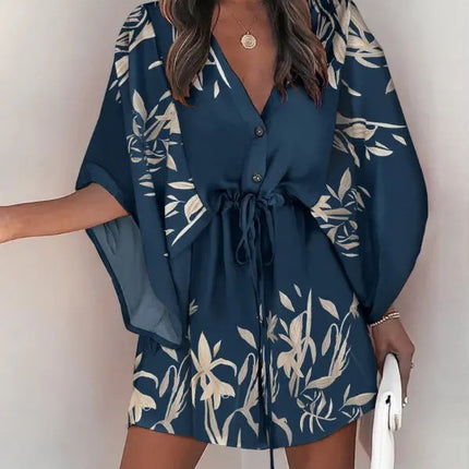 2023 Summer A-Line Dress with V-Neck and Tie Design