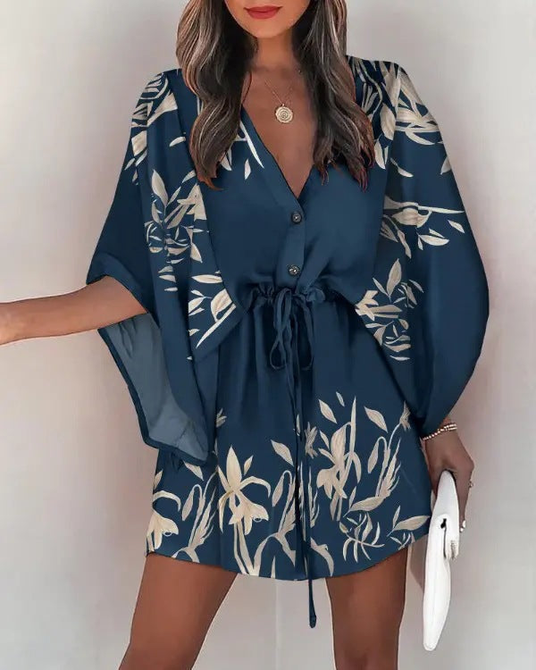 2023 Summer A-Line Dress with V-Neck and Tie Design