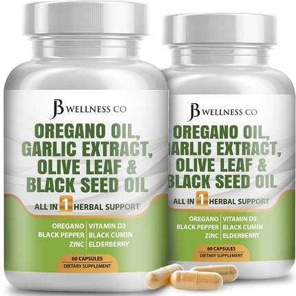 JB Wellness Oregano Oil 6000mg Garlic Extract 4000mg Olive Leaf 3000mg with Astragalus - Immune Support & Digestive Health Supplement for Women and Men - 120 Count - Lamarshop1