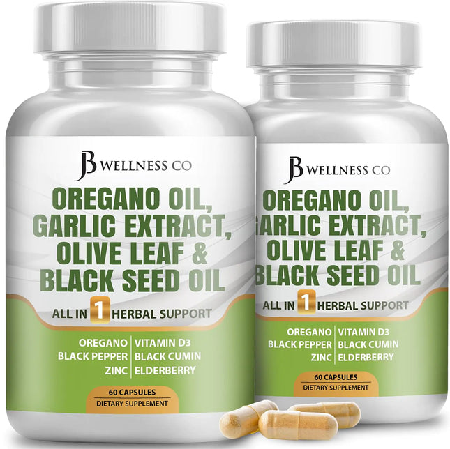 JB Wellness Oregano Oil 6000mg Garlic Extract 4000mg Olive Leaf 3000mg with Astragalus - Immune Support & Digestive Health Supplement for Women and Men - 120 Count - Lamarshop1