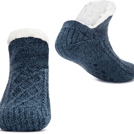 PionTechs Women Knitted Slipper Socks Cozy Sherpa Fuzzy Socks Non Slip Socks Winter Indoor Double Layer Bedroom Slipper Socks navy blue Chunse Zang qing 3 - Lamarshop1