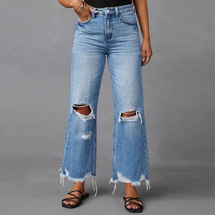 High Waist Wide Leg Jeans with Water Washed Holes